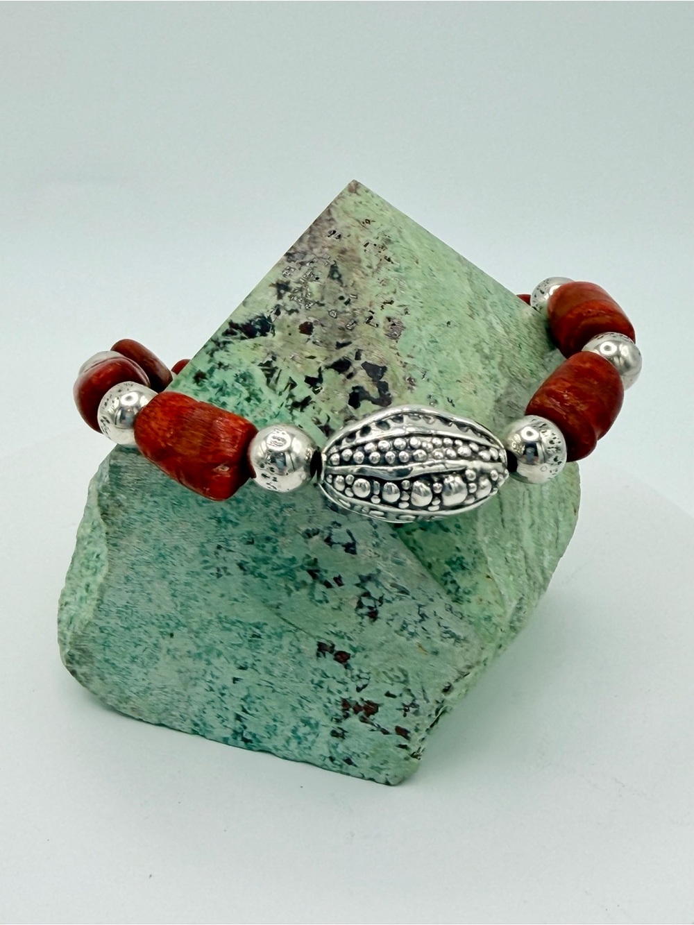 Vintage Sterling Silver & Red Coral Ornate Beaded Bracelet w/Toggle Clasp